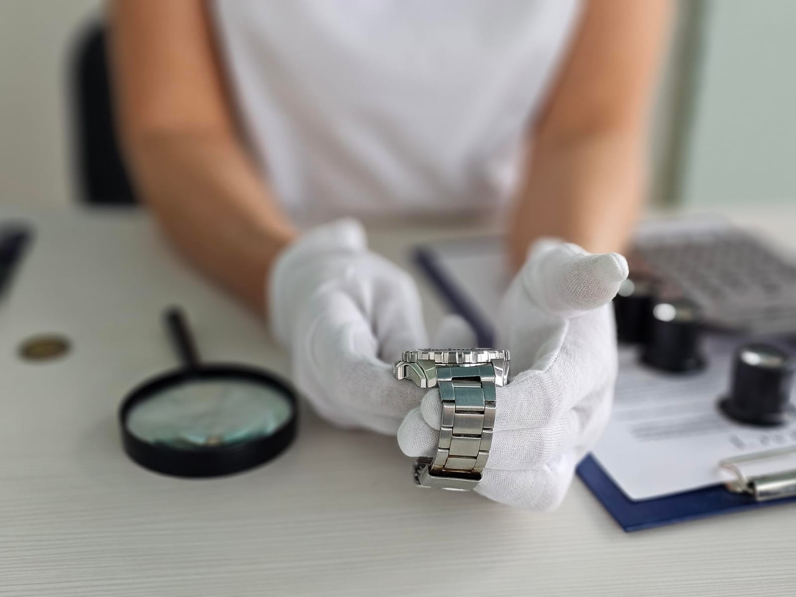 Mani guantate che esaminano il bracciale di un orologio con una lente, strumenti da banco sullo sfondo